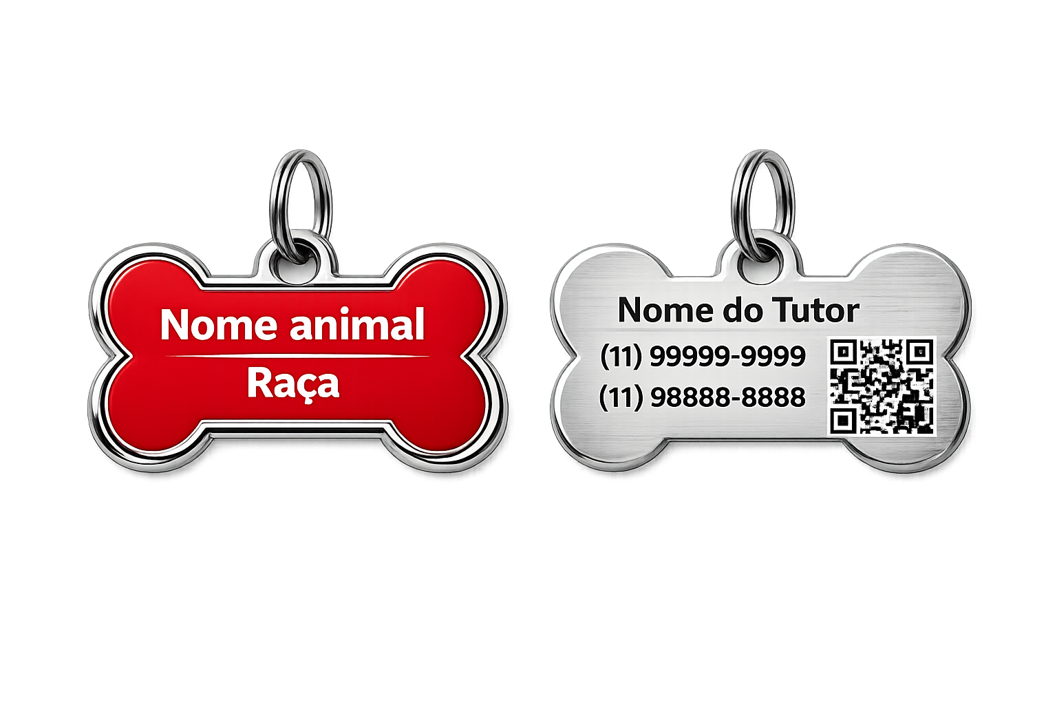 Exemplo de tag personalizada em formato de osso para cães e gatos: frente com nome e raça do pet, verso com dados do tutor e QR Code.
